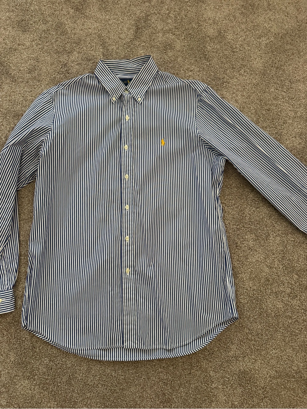 Ralph Lauren Navy & White Striped Button-Down Dress Shirt with Yellow Pony